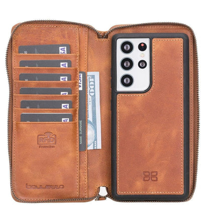 Bouletta Detachable Leather Zipper Wallet Cases for Samsung Galaxy S21 Series S21 Ultra / Tan