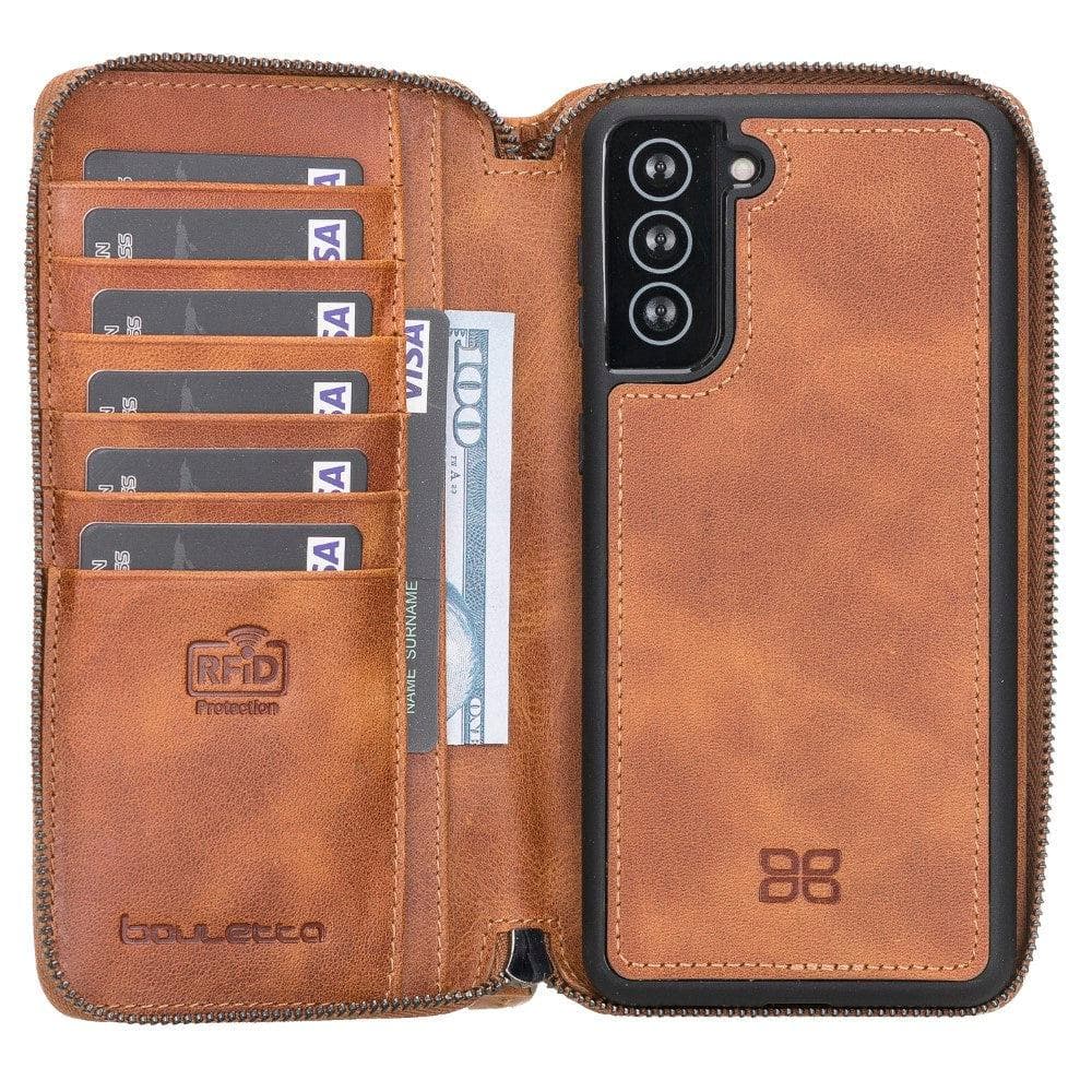 Bouletta Detachable Leather Zipper Wallet Cases for Samsung Galaxy S21 Series S21 Ultra / Tan